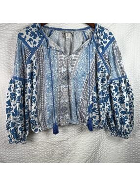 Rachel Zoe Blouse Shirt Womens large Multicolor Floral Boho Peasant Cropped Top